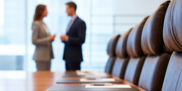 Une homme et une femme en discussion dans une salle de réunion